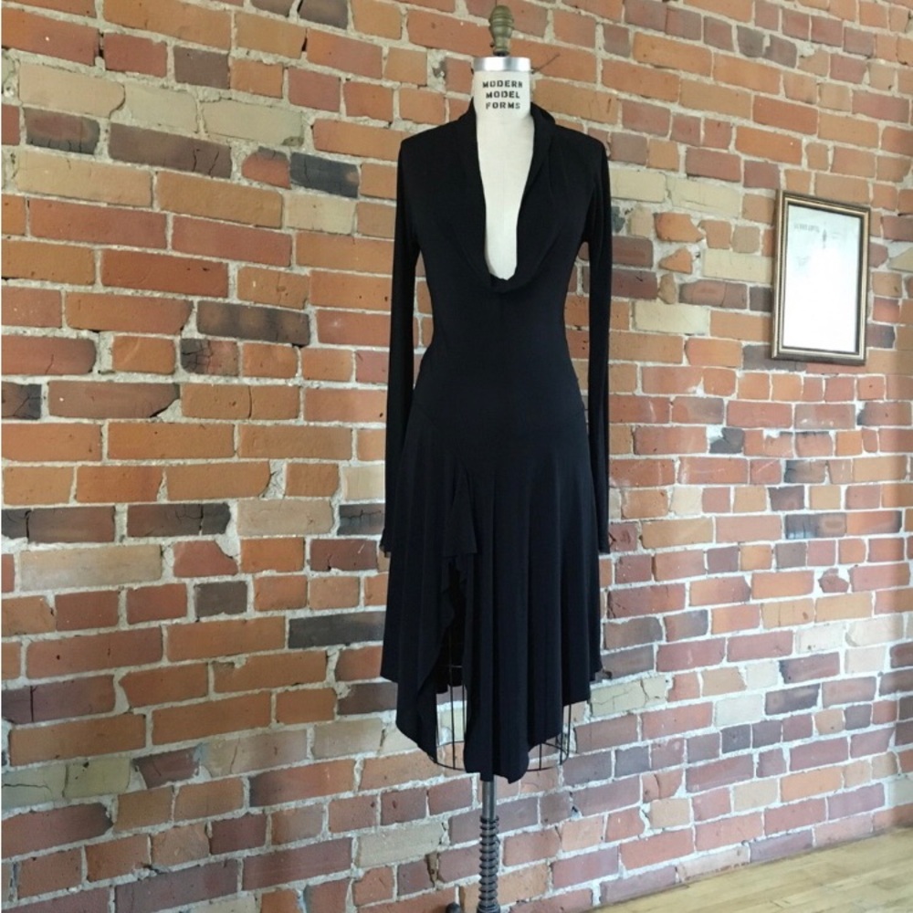 Long-Sleeve Cowl Neck Asymmetric Dress. Canadien Designer Marie Saint Pierre.
